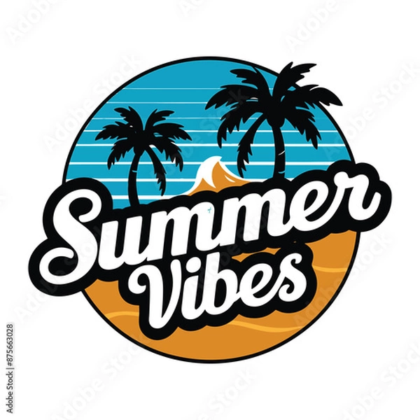 Fototapeta a palm tree is in the middle of a sunset summer vibes typography t shirt design vector