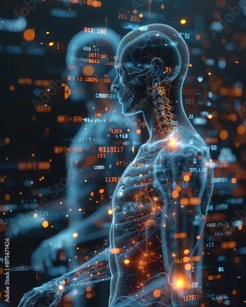 Fototapeta Futuristic digital human anatomy with glowing neural networks and data points, showcasing advanced technology in medicine and science.