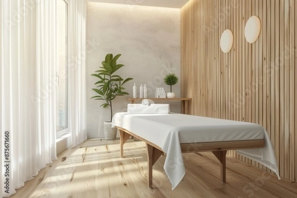 Fototapeta Modern Minimalist Spa Interior with Massage Table and Wooden Wall