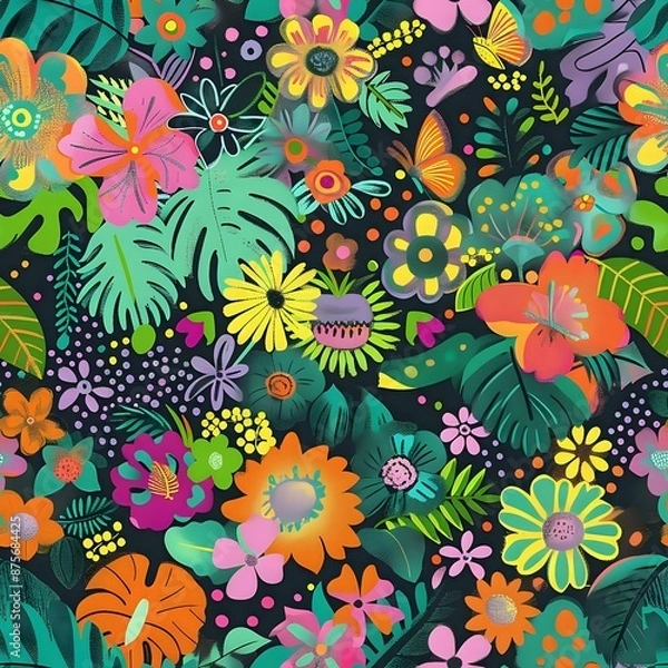Fototapeta Large 6-Petal Flower and Leaf Seamless Pattern