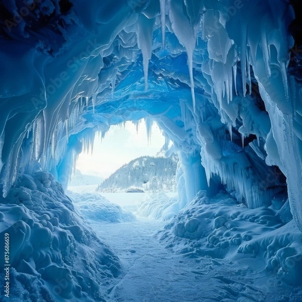 Fototapeta A stunning frozen glacier cave with sharp icicles and snow