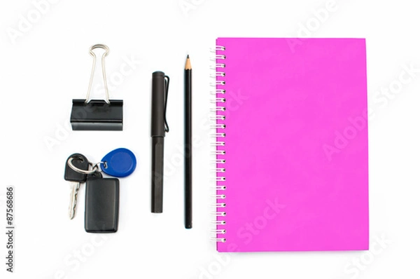 Obraz Notebook stationery and key isolated on white background