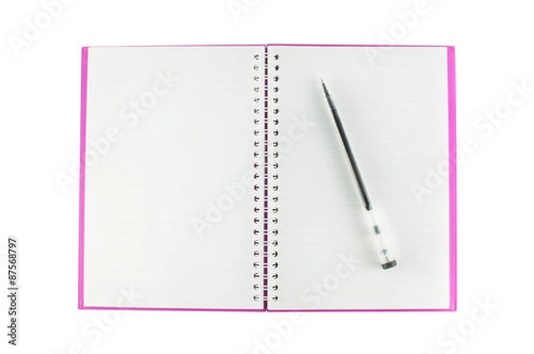 Obraz Notebook and pen isolated on white background