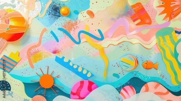 Fototapeta An artistic depiction of a summer vacation, with abstract shapes representing beaches, oceans, and sunshine, using a playful color palette of pastels and neons.