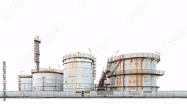 Obraz Ultra-high-definition image of a mineral oil storage tank farm, isolated on white, shot with Nikon D850 in 32k UHD, using focus stacking for maximum detail