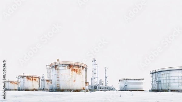 Obraz Ultra-high-definition image of a mineral oil storage tank farm, isolated on white, shot with Nikon D850 in 32k UHD, using focus stacking for maximum detail