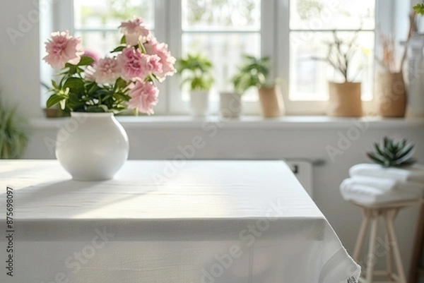 Fototapeta Detailed view of a white table with a pristine white tablecloth in a laundry room, blurred background, soft natural light, interior mockup with ample copy space, clean and simple