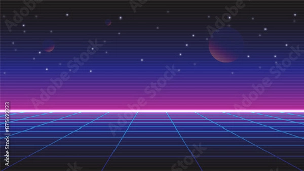 Obraz Retro background futuristic landscape 1980s style. Synthwave wireframe landscape.Digital retro landscape cyber surface. 80s party background.	