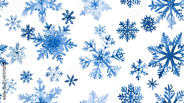 Fototapeta A vibrant pattern of various blue snowflakes in different shapes and sizes, set against a white background, capturing the essence of winter.