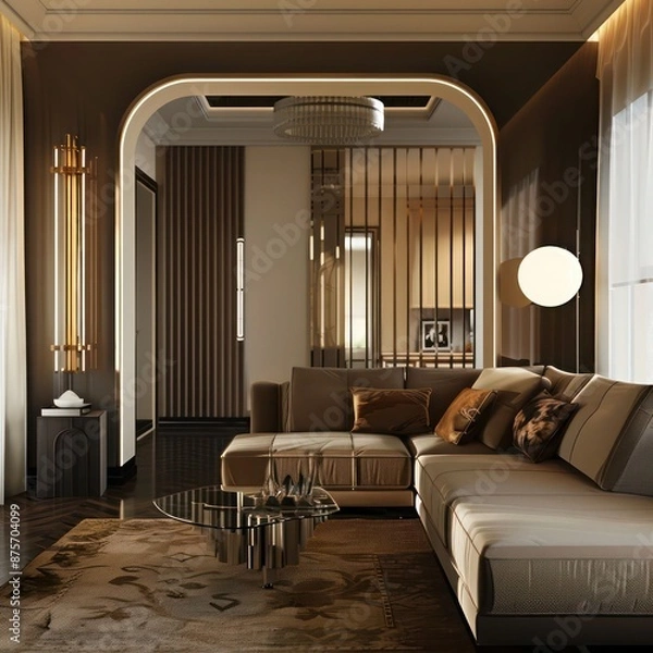 Obraz Modern living room with elegant art deco interior design, creating a sophisticated home ambiance with luxurious decor elements