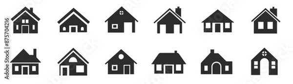 Fototapeta House Icon Set. Set of real estate objects and houses black icons. Home symbol collection