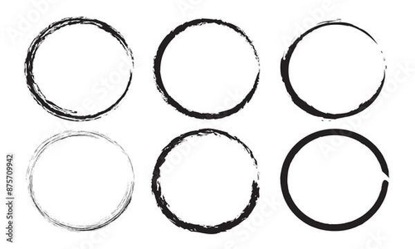 Obraz Grunge circles brush set. Black circle frames. Round line of black paint. Grunge round shapes. Circular ink brush stroke fro design elements. Vector illustration.