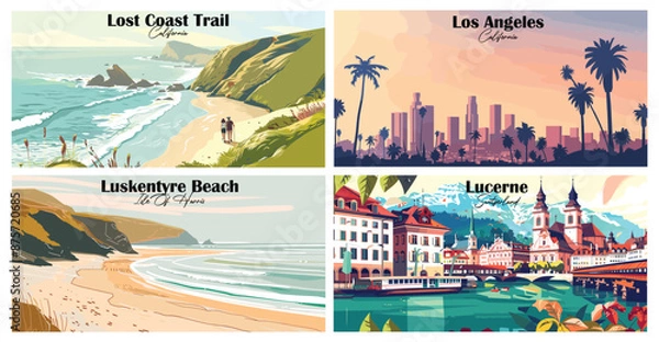 Obraz Travel landmarks tourism world famous, Vector illustration. Design for travel wallpaper, flyer or web banner design template. Panorama view. Copy space