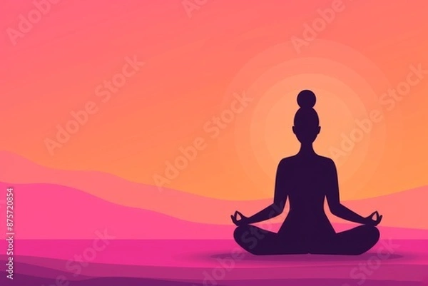 Fototapeta Silhouette of a woman meditating in lotus pose at sunset. Peaceful and serene scene.