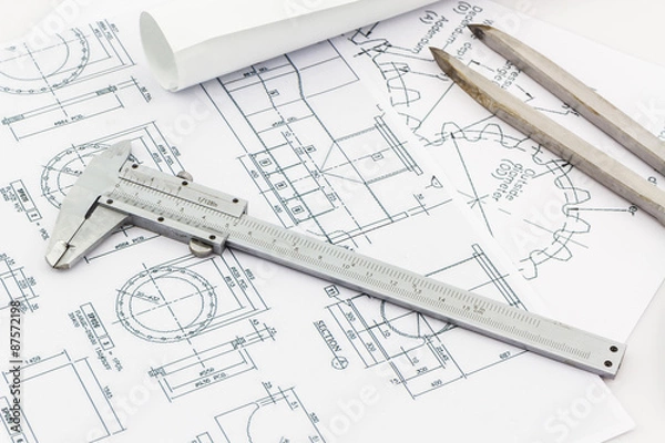 Obraz Engineering dividers Tools and Vernier scale on blueprint backgr