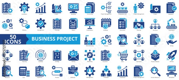 Fototapeta Business project icon collection set. Containing innovation, growth, workflow, accounting, management, production line, validation icon. Simple line vector.