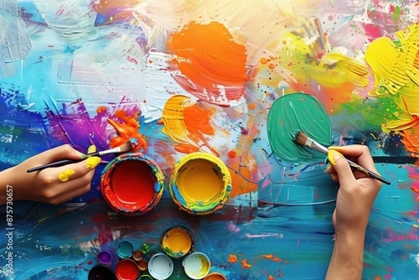 Fototapeta Close-up view of hands painting with vivid colors in an art therapy session. The image showcases a dynamic and colorful studio environment, emphasizing creative expression and the therapeutic process.