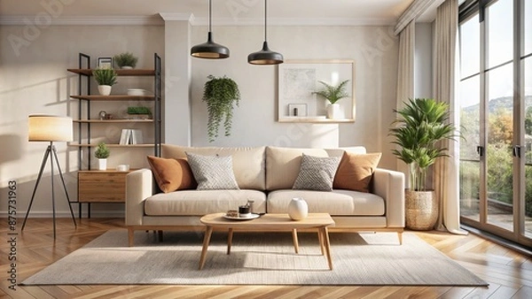 Fototapeta Sleek beige sofa anchors modern minimalist apartment with Scandinavian-inspired decor, neutral tones, and abundance of natural light pouring in.
