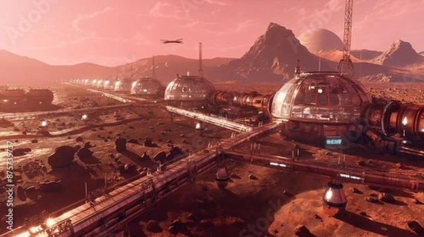 Fototapeta A colony on Mars with pressurized living modules, interconnected with walkways and equipped with life-support systems, under a pink Martian sky.