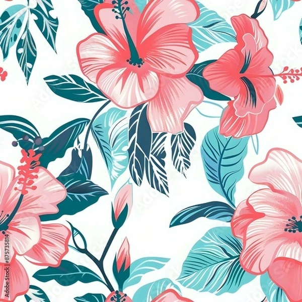 Fototapeta Retro Style Hibiscus Flower and Leaf Tropical Pattern