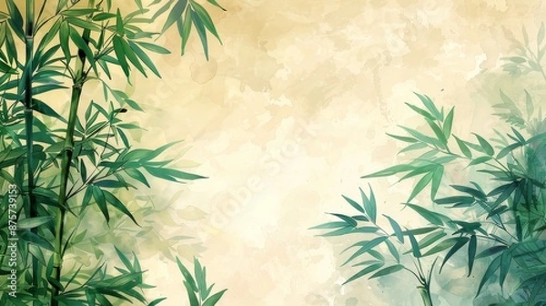 Fototapeta Bamboo watercolor painting with a splash of color on a beige background