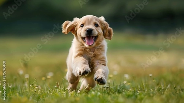 Fototapeta A playful puppy dashes through a grassy park, chasing butterflies and making new friends.