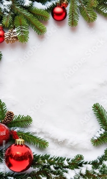 Fototapeta Flatlay design, Christmas theme, balls, fir branches, cones, gifts, ribbons. Banner, poster, background. With copy space. Merry Christmas. New Year. Neutral background.
