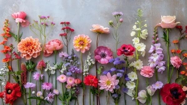 Fototapeta An enchanting symphony of vibrant summer blooms in full bloom against a cool stone backdrop.