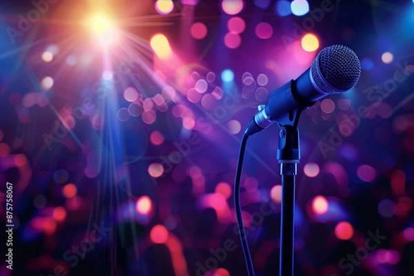 Fototapeta microphone with bokeh light background, stand up comedy show, karaoke or singing contest, background for poster design, open mic and jokes show, 