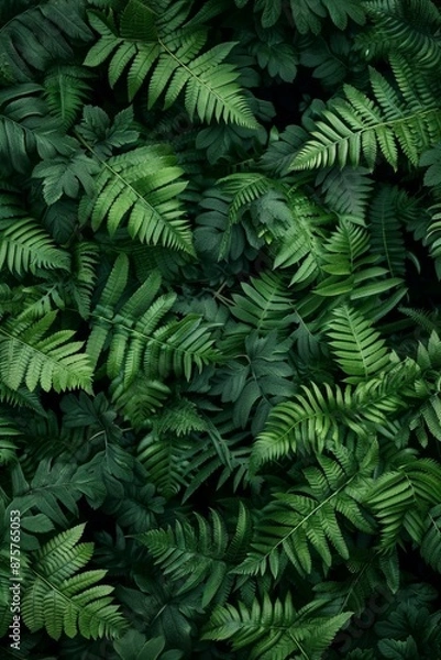 Fototapeta Ferns in Bali's jungle. Gorgeous ferns with verdant foliage. close-up of lovely woodland ferns in full growth. Sunlight-filled natural flowery fern backdrop.