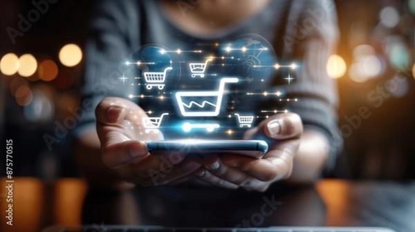 Fototapeta Person holding a mobile phone with glowing virtual shopping cart icons representing online shopping and digital marketing concepts.