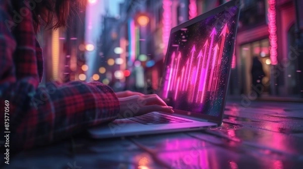 Fototapeta Person using laptop outdoors at night with glowing pink arrows on screen, representing growth and technology in a vibrant city environment.