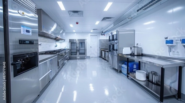 Obraz A sleek, high-tech kitchen with proper storage solutions for RTE foods, emphasizing hygiene and cleanliness.