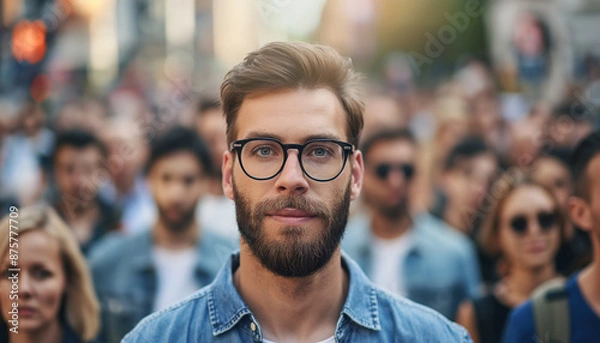 Fototapeta A young man with glasses stands out in a crowd, with a focused and thoughtful expression