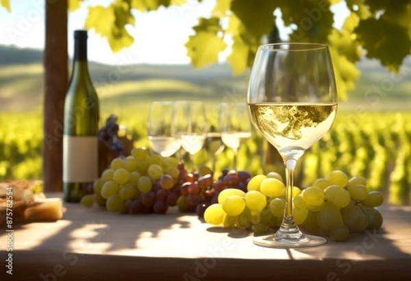 Fototapeta wine table vinification sunny ai grapes field tasting horizontal summer countryside one eatery pairing illustration shade cheese calmness standing outdoors generative white glass refreshing bunch
