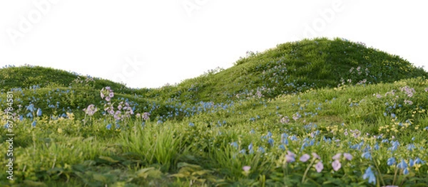 Fototapeta A green hill blooming with yellow and blue flowers in spring. 3D rendering.