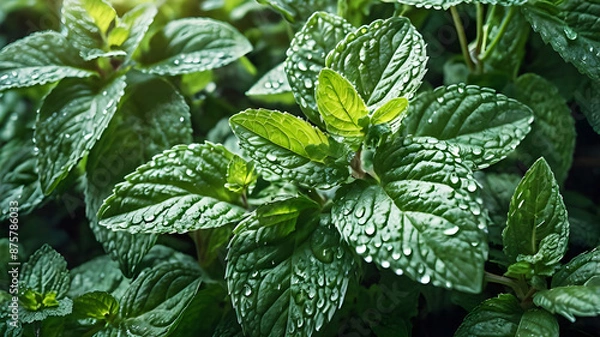 Fototapeta A close-up, detailed image of lush, vibrant green mint leaves with water droplets, shot in natural lighting to capture the delicate textures and sheen of the foliage. Photorealistic, high-resolution, 