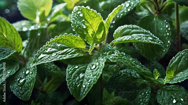 Fototapeta A close-up, detailed image of lush, vibrant green mint leaves with water droplets, shot in natural lighting to capture the delicate textures and sheen of the foliage. Photorealistic, high-resolution, 