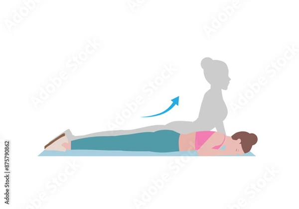 Obraz Woman doing cool down after exercises. for doing Abs Stretch which Building greater flexibility overall, Helping your body get back to its pre-exercise state. Illustration cartoon style.