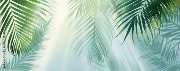 Obraz Abstract background with palm leaves shadows on the wall, light blue and mint green gradient, 