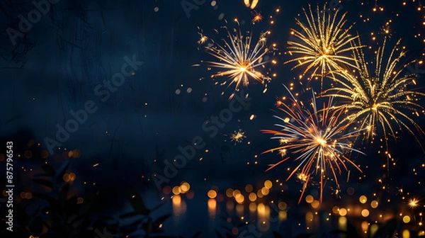 Fototapeta Sylvester Festival Party New Year 2024, New Year's Eve fireworks background banner panorama - Firework on rustic dark blue night sky texture