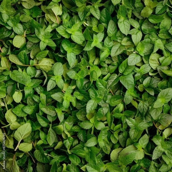 Fototapeta Many mint leaves texture background, fragrant spices pattern, Mentha piperita mockup, peppermint banner