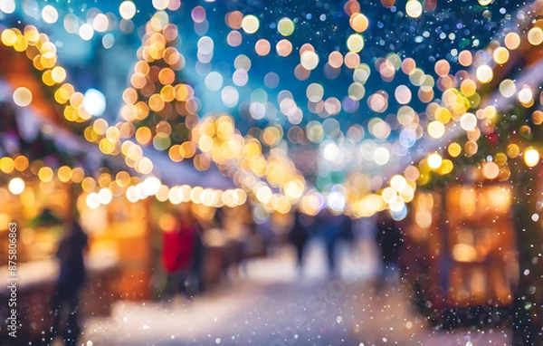 Fototapeta blurred christmas market with defocused lights at the evening, shiny decoration background. Generative AI.