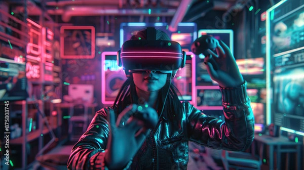 Fototapeta Immersive Virtual Reality Gaming: Futuristic High-Tech Experience with VR Headset and Controllers.