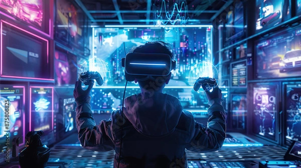 Fototapeta Immersive Virtual Reality Gaming: Futuristic High-Tech Experience with VR Headset and Controllers.