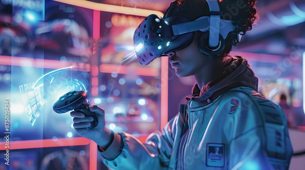 Fototapeta Immersive Virtual Reality Gaming: Futuristic High-Tech Experience with VR Headset and Controllers.