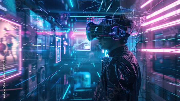 Fototapeta Immersive Virtual Reality Gaming: Futuristic High-Tech Experience with VR Headset and Controllers.