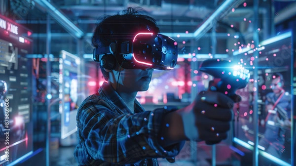 Fototapeta Immersive Virtual Reality Gaming: Futuristic High-Tech Experience with VR Headset and Controllers.