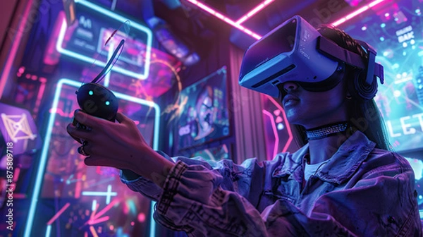 Fototapeta Immersive Virtual Reality Gaming: Futuristic High-Tech Experience with VR Headset and Controllers.