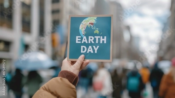 Fototapeta Hand holding Earth Day sign during street protest with blurred crowd background, advocating for environmental awareness.